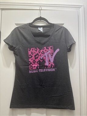MTV Pink Leopard Logo V-Neck Tee